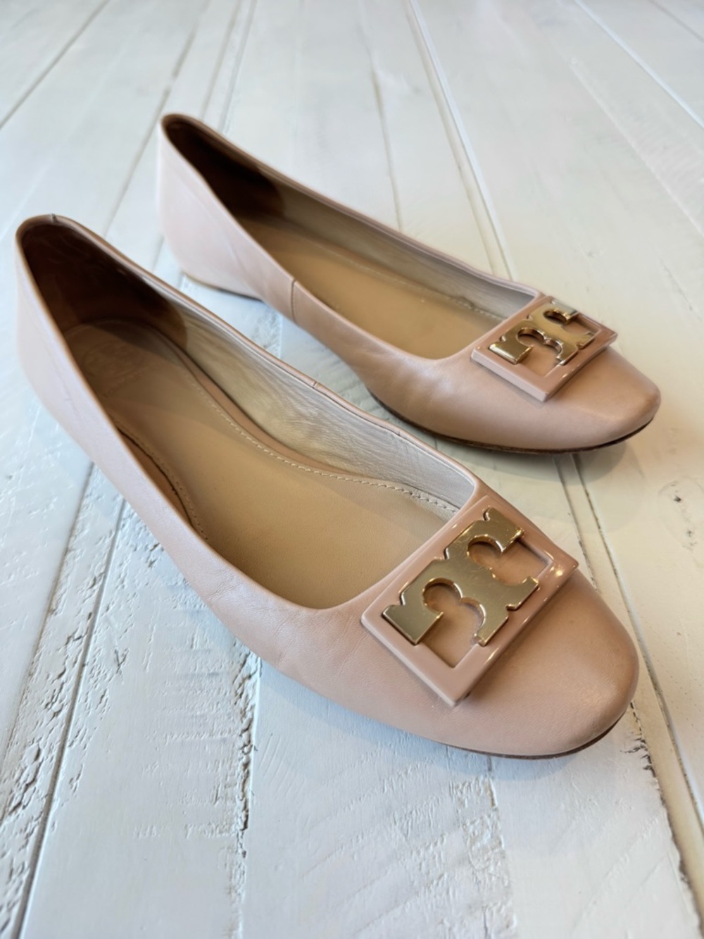 Tory Burch Ballet Flats Leather Logo Beige Size 8M - Picture 4 of 10